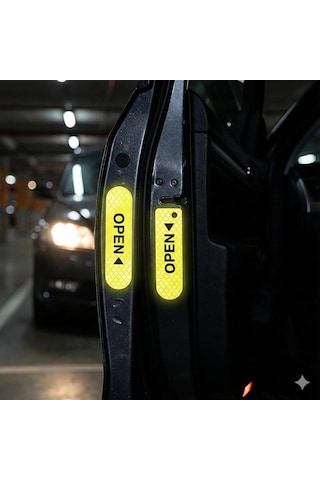 Reflektif Araç Kapı Uyarı Stickerı 2'li Set Gece Görünür Güvenlik Bandı Yapışkanlı, Suya Dayanıklı, Open Yazılı Kapı Açılınca Uyarı Etiketi Sarı Renk