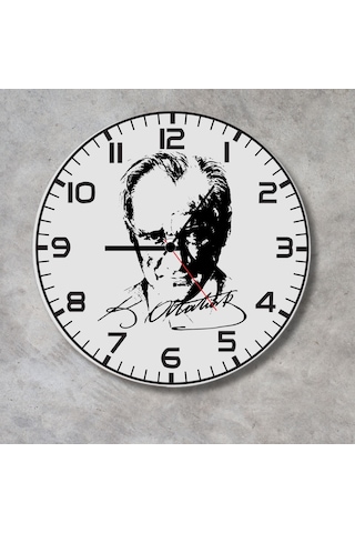 Atatürk Portreli Ve İmzalı Metal Duvar Saati - Ofis Ve Salon Saati beyaz