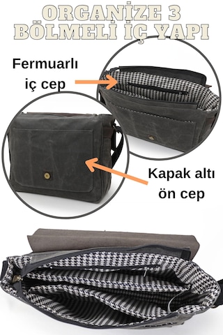Dark Cotton 7503 Hakiki Deri Kapaklı Suya Dayanıklı Mumlu Kanvas 15 Laptop, Okul, Evrak Seyahat Çantası Siyah - Kahverengi
