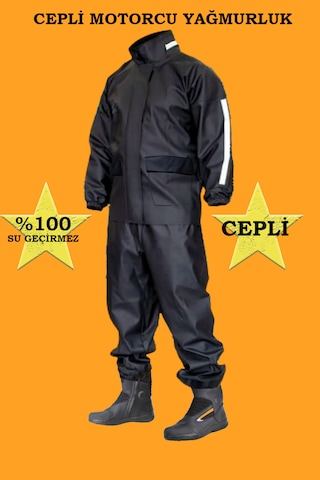 Cepli Su Geçirmez Ekstra Esnek Motorcu Yağmurluk Takım Siyah