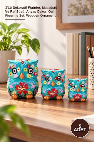 5 Adet Ahşap Baykuş Seti 3'lü Dekoratif Figürler, Masaüstü Ve Raf Süsü, Ahşap Dekor, Owl Figurine Set, Wooden Ornament