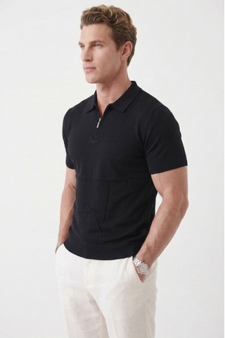 Deepsea Erkek Siyah Slim Fit Nefes Alan Pamuklu Polo Yaka Tişört Dar Kesim Likralı Triko Tişört 2505001 Siyah