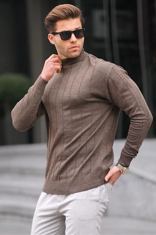 Madmext Koyu Kahverengi Slim Fit Yarım Balıkçı Yaka Çizgili Tüylenmeyen Erkek Triko Kazak 6344
