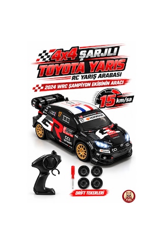Oyuncak Uzaktan Kumandalı Toyota Gr Yaris 4x4 Drift Ralli Arabası 15 Km Hız Şarjlı Led Işıklı 7.4v 500 Mah Yedek Drift Tekerli Rc Araba Siyah