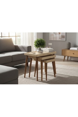 Mobenta Basic Nest-3 Doğal Masif Ahşap 3'lü Zigon Sehpa, Latalı - Bz Krem