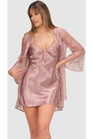 Nbb Kadın Vizon Dantelli Saten Gecelik Sabahlık Takımı Vizon