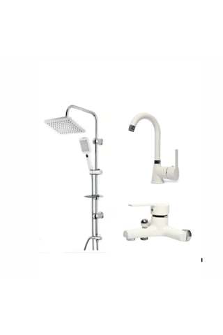 Faumix V01122 Beyaz Krom Banyo Lavabo Bataryası Ve Duş Seti Beyaz - Krom
