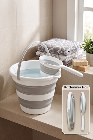 Katlanır Silikon Kova Ve Maşrapa Seti 12 Litre Yer Kaplamayan Kamp Banyo Ev Bahçe Kovası Açık Gri