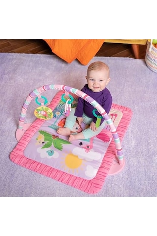 Bright Starts Pink Palms Tiki Oyuncak Çubuklu Bebek Jimnastik Aktivitesi Ve Yüz Üstü Geçirilen Zaman Matı, Oyuncak Çubuğu Ve 3 Oyuncak, Yenidoğan İle 3 Yaş Arası Bebekler İçin 50 x 22
