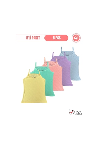 Alya Underwear Kız Çocuk - Garson İp Askılı %100 Pamuklu Atlet Kalpli Jakarlı Kumaş 5'li Paket Çok Renkli P15