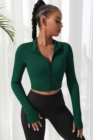 Najmaddin Beru Yeşil Dik Yaka Fermuarlı Uzun Kollu Parmak Geçmeli Crop Top Spor Bluz
