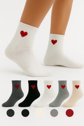Worthy Socks 5'li Kadın Kalp Desenli Karışık Renkli Bilek Üstü Çorap Seti 5 Çift Kalpli