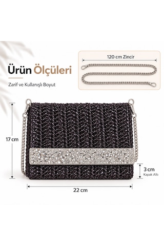 Taş Detaylı El Örgüsü Abiye Kadın Çantası - Kristal Taşlı Lüks Tasarım Siyah-gümüş