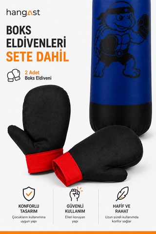 Çocuk Boks Seti Panda Desenli Asılabilir Boks Torbası Eldivenli Mavi