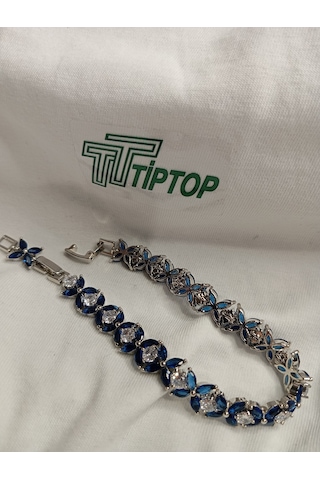 Tiptop/ Rodyum Kaplama 3mm Kare Mavi Zirkon Taşlı Su Yolu Bileklik Gümüş
