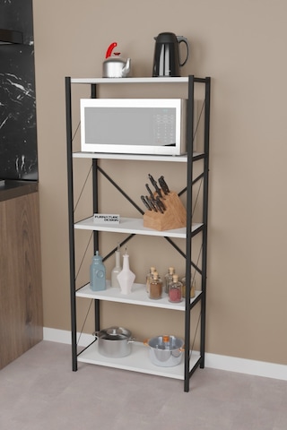 Metal Mutfak Rafı 5 Raflı Dekoratif Malzeme Dolabı Beyaz