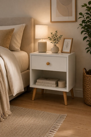 Yatak Odası Komodin Beyaz Ceviz Çekmeceli Minimalist Basic Ayaklı Ceviz - Beyaz