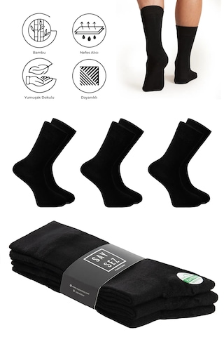 Saysez Bambu Erkek Soket Uzun Siyah Çorap Dikişsiz Premium Paket 3'lü Siyah