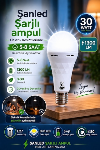 Şarjlı Akülü 30w Beyaz Işık Led Ampul 2 Adet 2 Adet