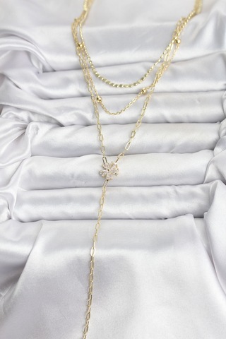 Zarif Boyunlar İçin Golden Pirinç Zirkonlu Çiçek Üçlü Kombin Y Kadın Kolye Standart