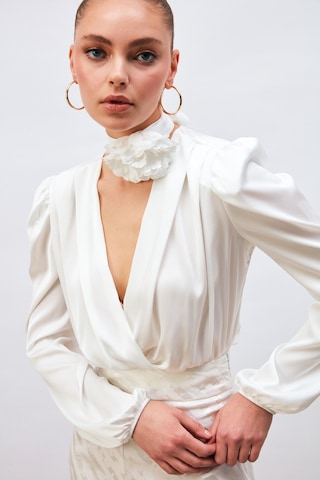 Sateen Kruvaze Saten Bodysuit Bluz - Ekru