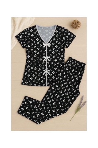 I-moda Kadın Siyah Beyaz Kalp Desenli Fiyonklu Kısa Kollu Pijama Takımı