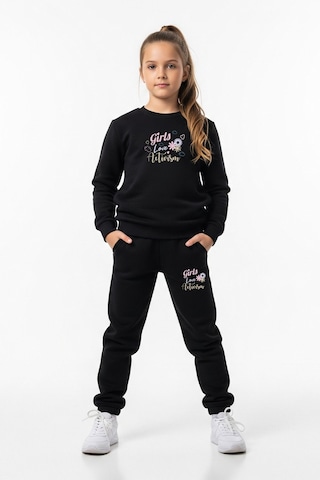 Düz Yuvarlak Yaka 3'lü Baskılı Kız Çocuk Eşofman Takımı Çok Renkli