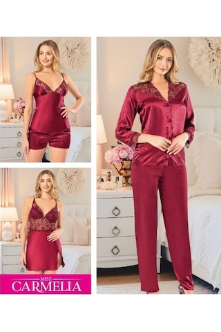Carmella 1330 Ipek Saten 6 Lı Kadın Gecelik Sabahlık Takım Bordo