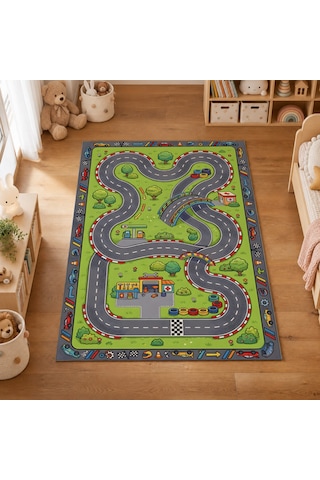 Kartela Halı Orman Yarış Pisti Kaymaz Taban Çocuk Oyun Halısı - 80 x 120 CM
