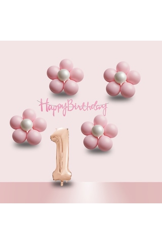 1 Yaş Pembe Papatya Temalı Rosegold Rakam Pembe Happy Birthday Banner Doğum Günü Süsleme
