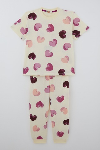 Paty Kıds Kız Çocuk Pijama Takımı Kısa Kollu Renkli Kalp Desenli 8-12 Yaş, Sarı