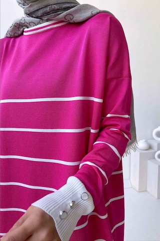 Bisiklet Yaka Çizgili Merserize Tunik - Fuşya