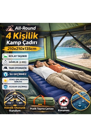 4 Kişilik Otomatik Kamp Çadırı 210x210x135 Cm Su Geçirmez Tenteli Çadır + Kamp Lambası Koyu Yeşil