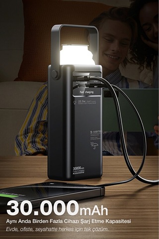 30.000 Mah Outdoor Led Işıklı Hızlı Şarj Powerbank Usb-c & Çoklu Cihaz Desteği siyah