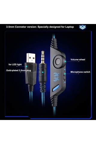 Wezone Kotıon Each G9000 Oyun Kulaklığı - 40mm Sürücü, Led Işımlı, Mikrofonlu, Ses Kontrolü, 3.5mm+usb, Mavi-siyah
