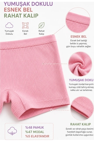 Westicgiyim Kız Çocuk Boxer 6 Lı Paket Fitilli Modal %48 Pamuk %47 Modal Esnek Yumuşak Çocuk İç Çamaşırı 3-12 Yaş Çok Renkli