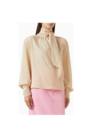 Rowen Rose Oversized Bow - Neck Blouse, Lüks Georgette Yüksek Yakalı Şık Balon Kollu Bluz Bej