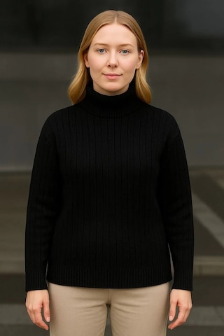 Kadın Balıkcı Yaka Bağazlı Triko Kazak Pamuklu Kalın Fitilli Dokuma - Siyah Siyah