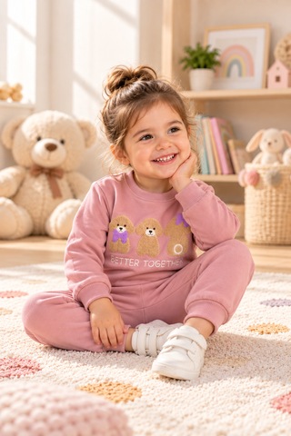 Tucankids Kız Çocuk Ayıcık Nakışlı 2 İplik Kompak Eşofman Takımı 1-4 Yaş Gül Kurusu