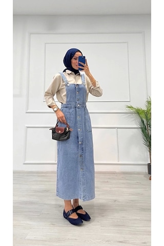 Biçomi Etekli Salopet Enzim Süper Taş Yıkama Buz Mavi D 2521