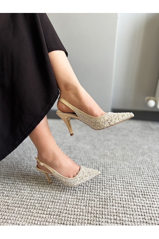 Asmi Shoes Kadın Marlen İnci Süslemeli İnce Topuklu Abiye Ayakkabı Düğün&davet Gold Altın