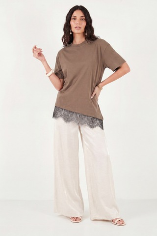 Lela Pamuklu Kontrast Dantel Panelli Salaş Bisiklet Yaka T Shirt Bayan T Shirt 5866992 Kahve
