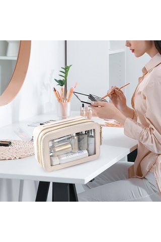 Sones Çift Katmanlı Pvc Su Geçirmez Seyahat Kozmetik Saklama Paketi Büyük Kapasiteli Islak Ve Kuru Ayırma Şeffaf Skylight Pu Çanta Gül Kırmızısı