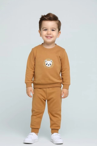 Erkek Çocuk Aslan Nakışlı 2 Li Takım Sweatshirt Ve Alt Eşofman %100 Pamuk Kahverengi