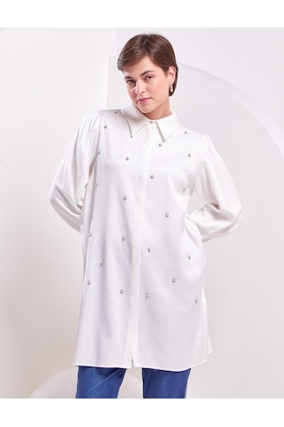 İnci İşlemeli Jakarlı Tunik-ekru Ekru