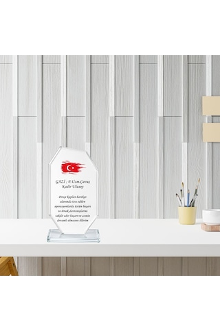 Kişiye Özel Türk Bayraklı Askeri Kristal Cam Plaket - Gazilik, Tayin Ve Üstün Başarı Ödülü