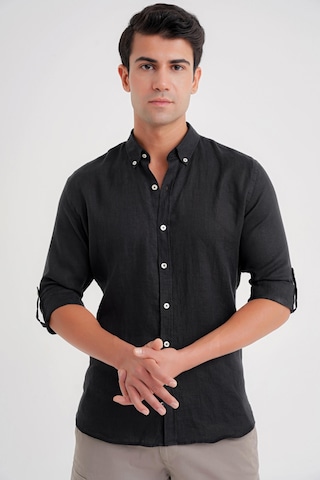 Comfort Fit Düğme Yaka Katlanır Kol %100 Keten Düz Siyah Gömlek G 1595 Siyah