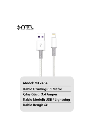 3.4a Usb To Lightning Ultra Hızlı Şarj Ve Data Kablosu 1 Metre Mt2454