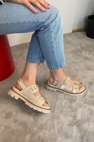 Asmi Shoes Kadın Simya Krem Çift Bantlı Kapsül Detaylı Kalın Taban Ortopedik Sandalet Krem Krem