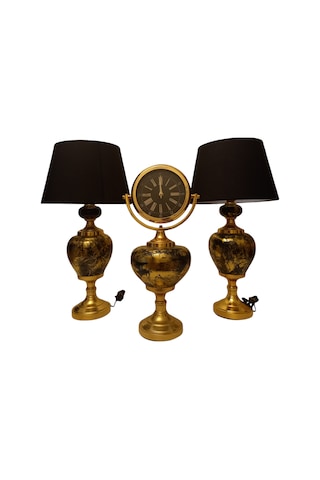 2'li Abajurlu Saatli Set Dekoratif Analog Saat - Gold Gold